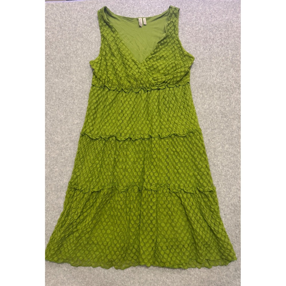 Madison Lime Green Textured Polka Dot Lace Tiered V-Neck‎ Midi Dress Womens S